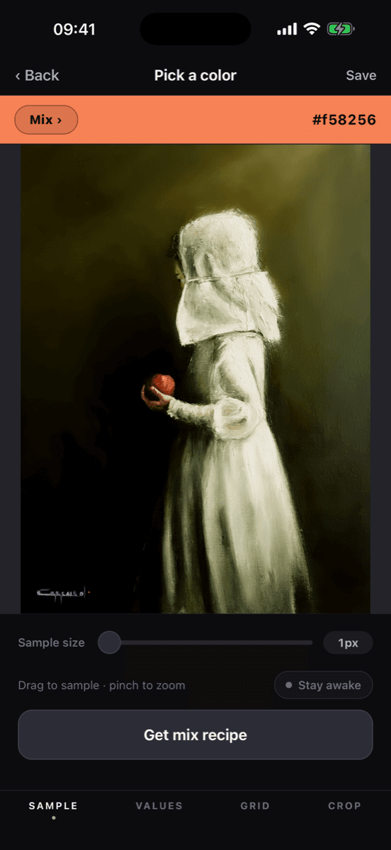 Sampling a colour from a painting in Iris