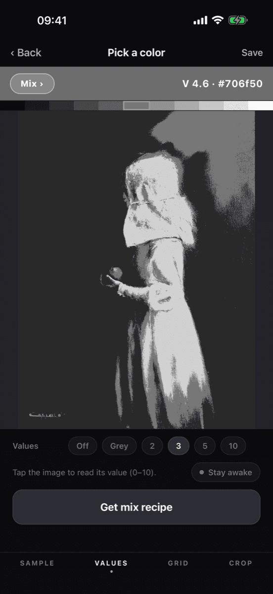 A photograph rendered as three perceptual values