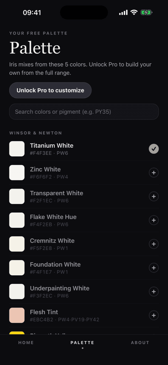The Iris paint library with pigment indices
